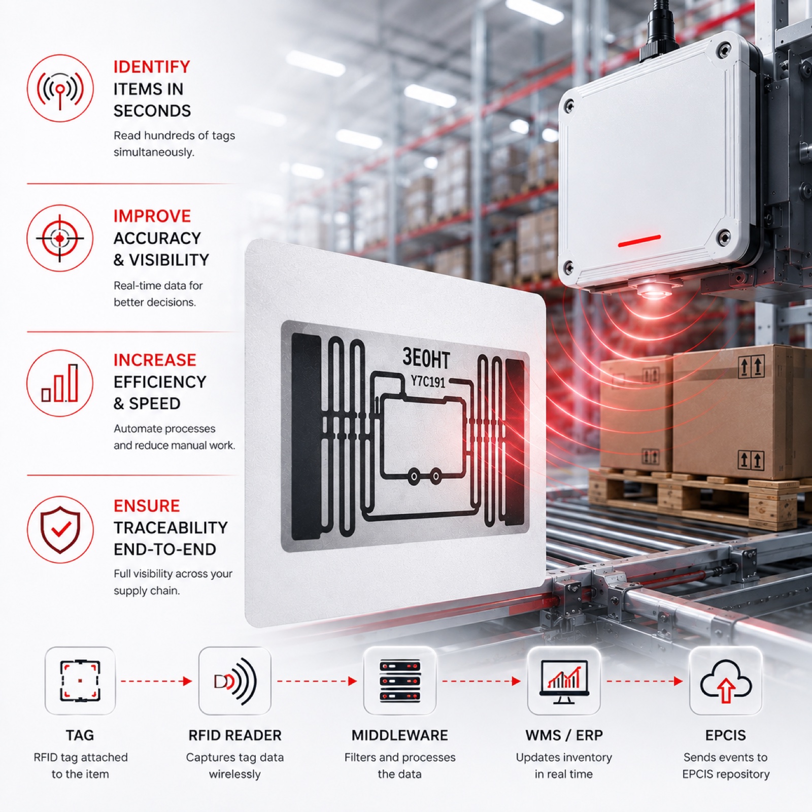 RFID process infographic: identify items in seconds, improve accuracy and visibility, increase efficiency and speed, ensure end-to-end traceability, and the tag to reader to middleware to WMS/ERP to EPCIS data flow
